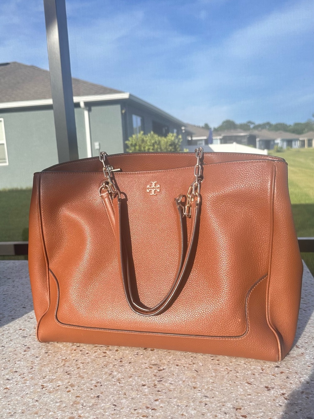 Tory Burch Leather Tote with Gold Logo Plaque - Cognac bag